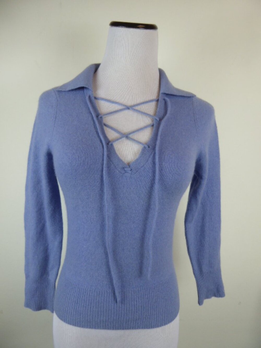 GUESS PERIWINKLE blue CASHMERE polo johnny collar lace up SWEATER top XS S
